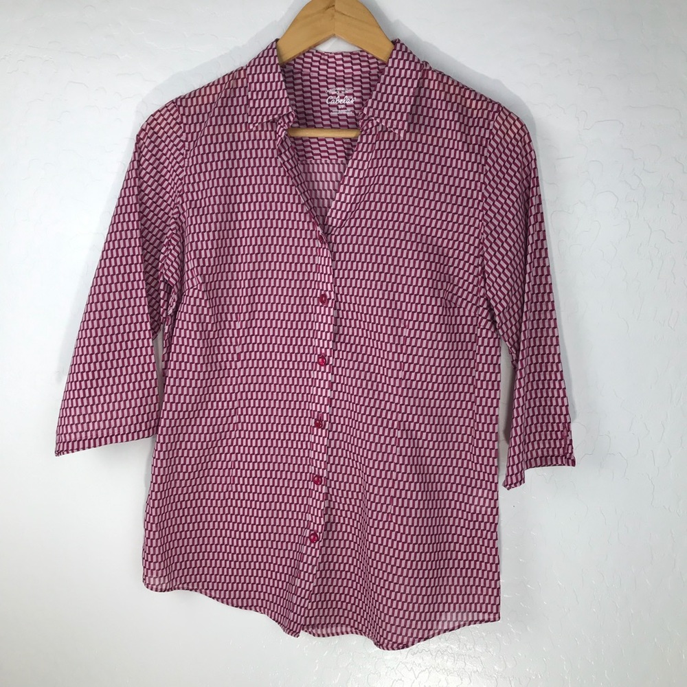 Cabela's Women's Blouse Shirt 3/4 Sleeve Geometric Pink Cotton